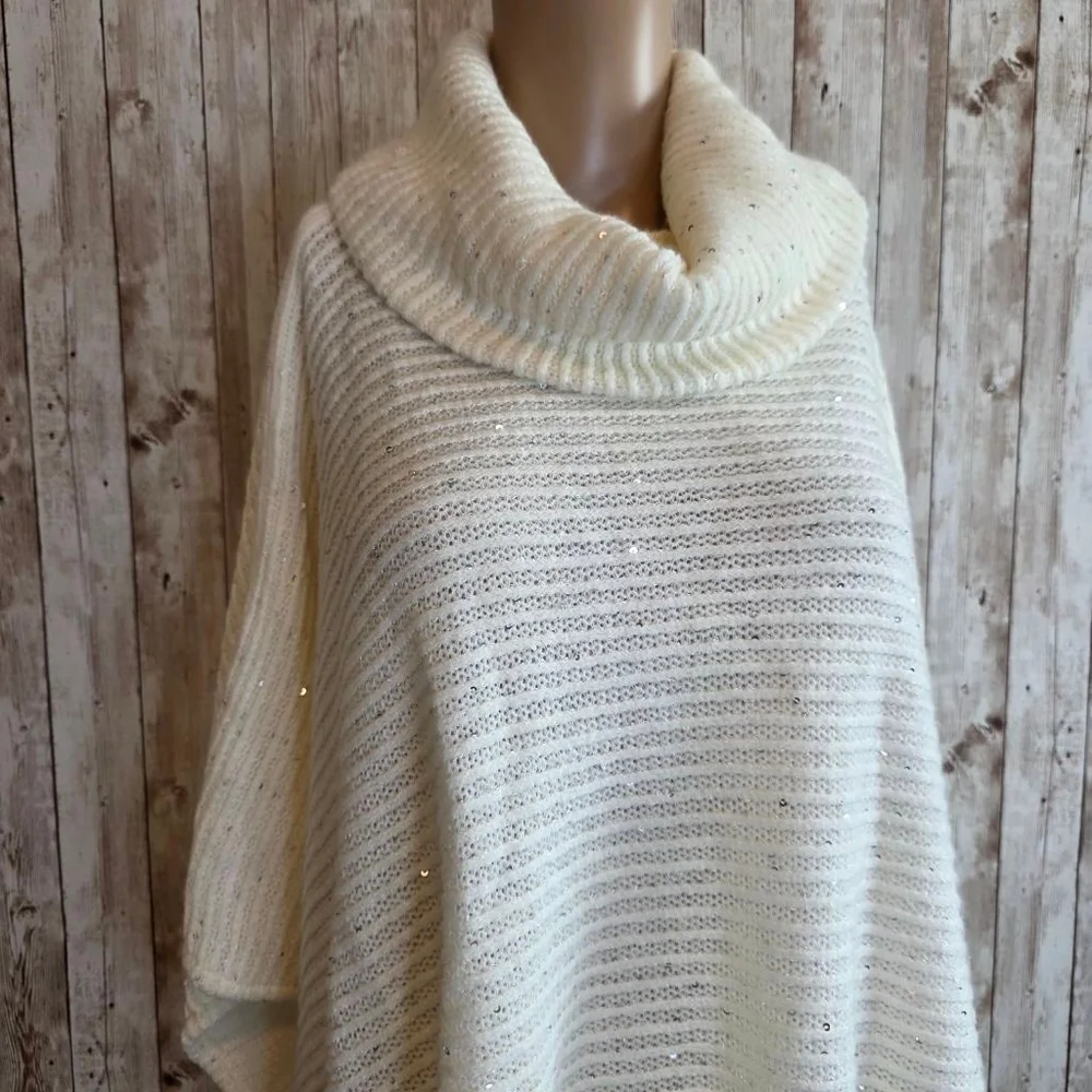 Women's Ann Taylor Factory Ivory Silver Sequin Cowl Neck Poncho